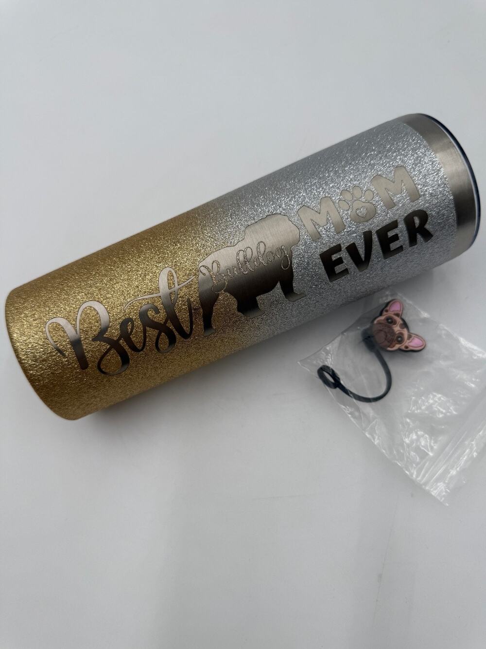 20 oz Skinny Tumbler Stainless Travel Mug "Best Bulldog Mom Ever" Heart glitter